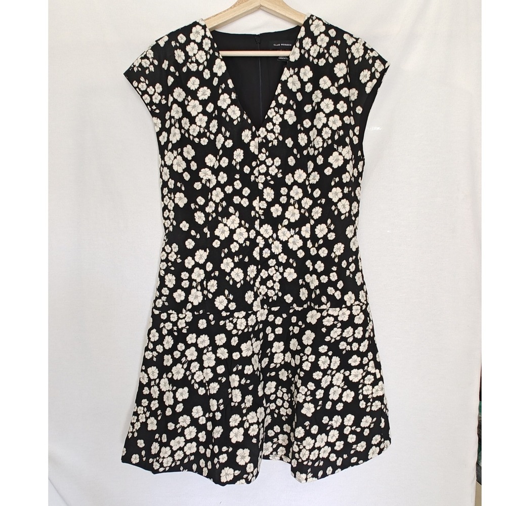 Club Monaco Fit & Flare Jacquard Mini Dress Floral Black White‎ Cream 6 New